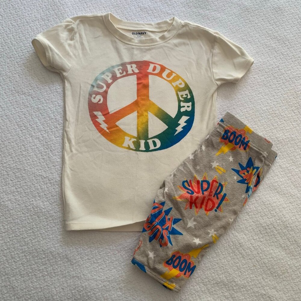 5/$25 Old Navy Kids Unisex Pajama Set Super Duper Kid Peace Sign Comic Print Lg